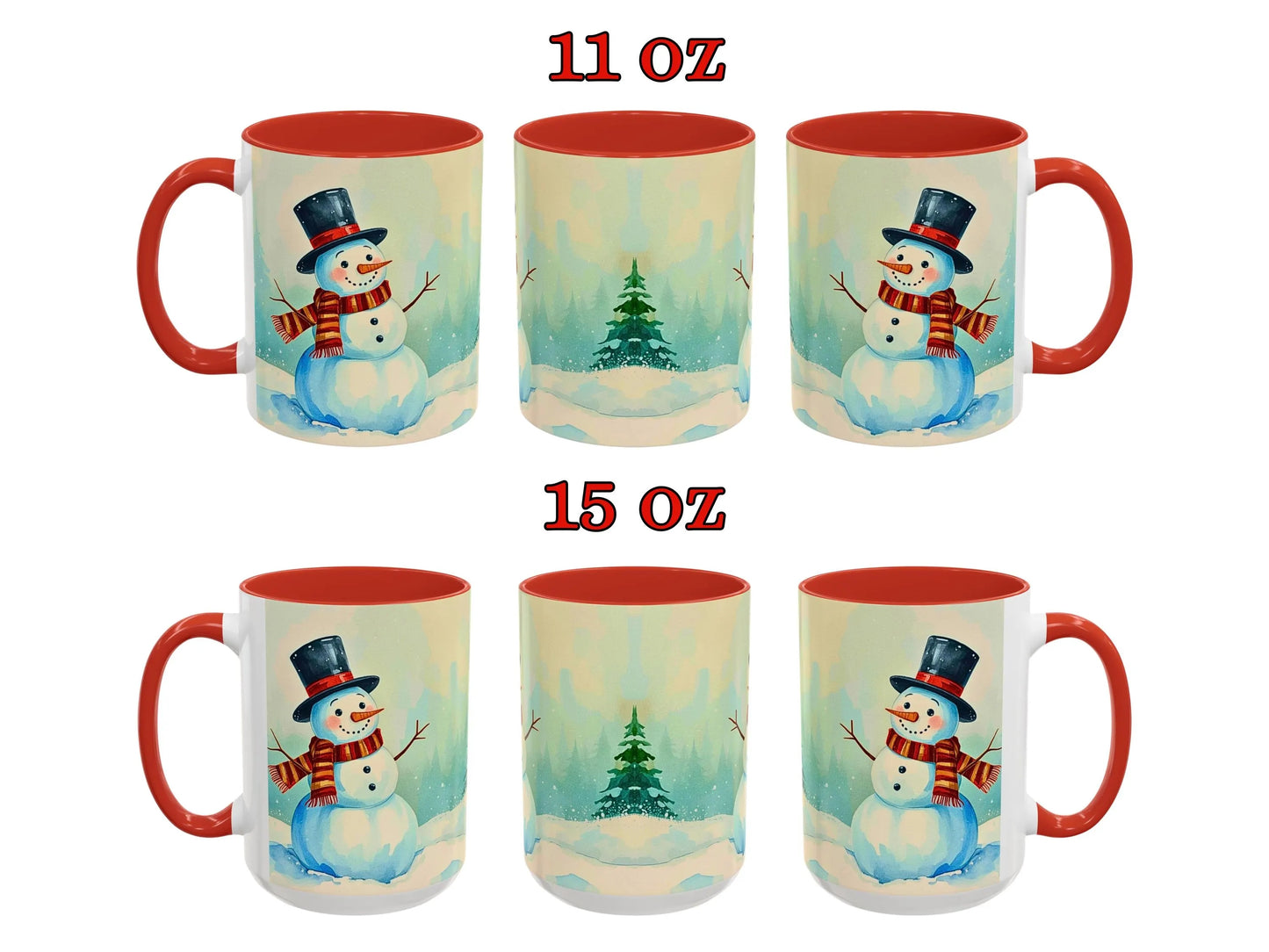 Two sets of Christmas-themed mugs with snowmen and trees, one set labeled 11 oz and the other 15 oz, on a white background.