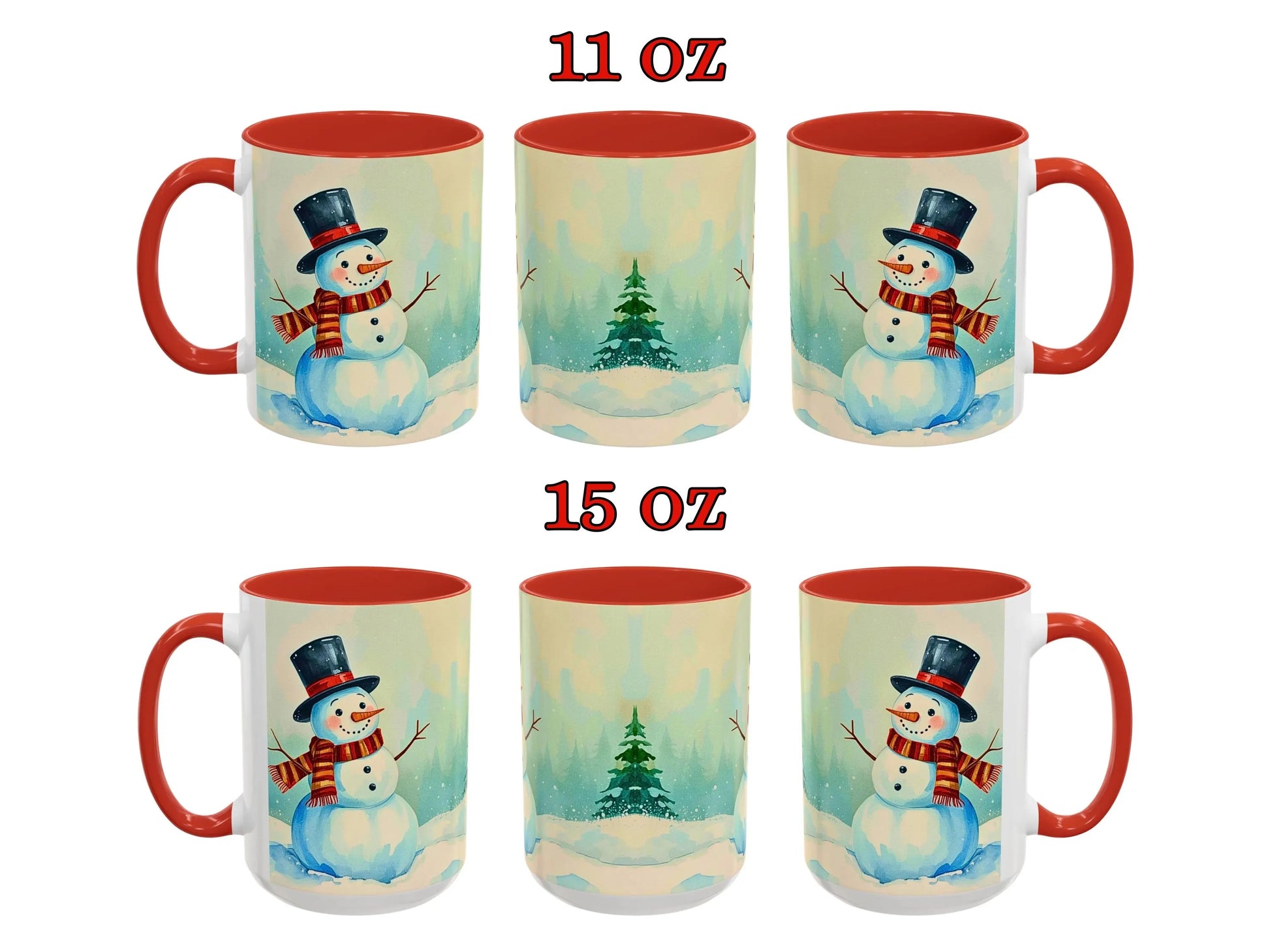 Two sets of Christmas-themed mugs with snowmen and trees, one set labeled 11 oz and the other 15 oz, on a white background.