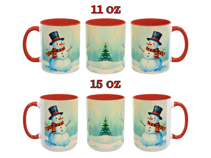 Two sets of Christmas-themed mugs with snowmen and trees, one set labeled 11 oz and the other 15 oz, on a white background.