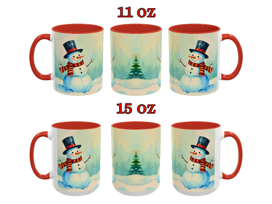 Two sets of Christmas-themed mugs with snowmen and trees, one set labeled 11 oz and the other 15 oz, on a white background.