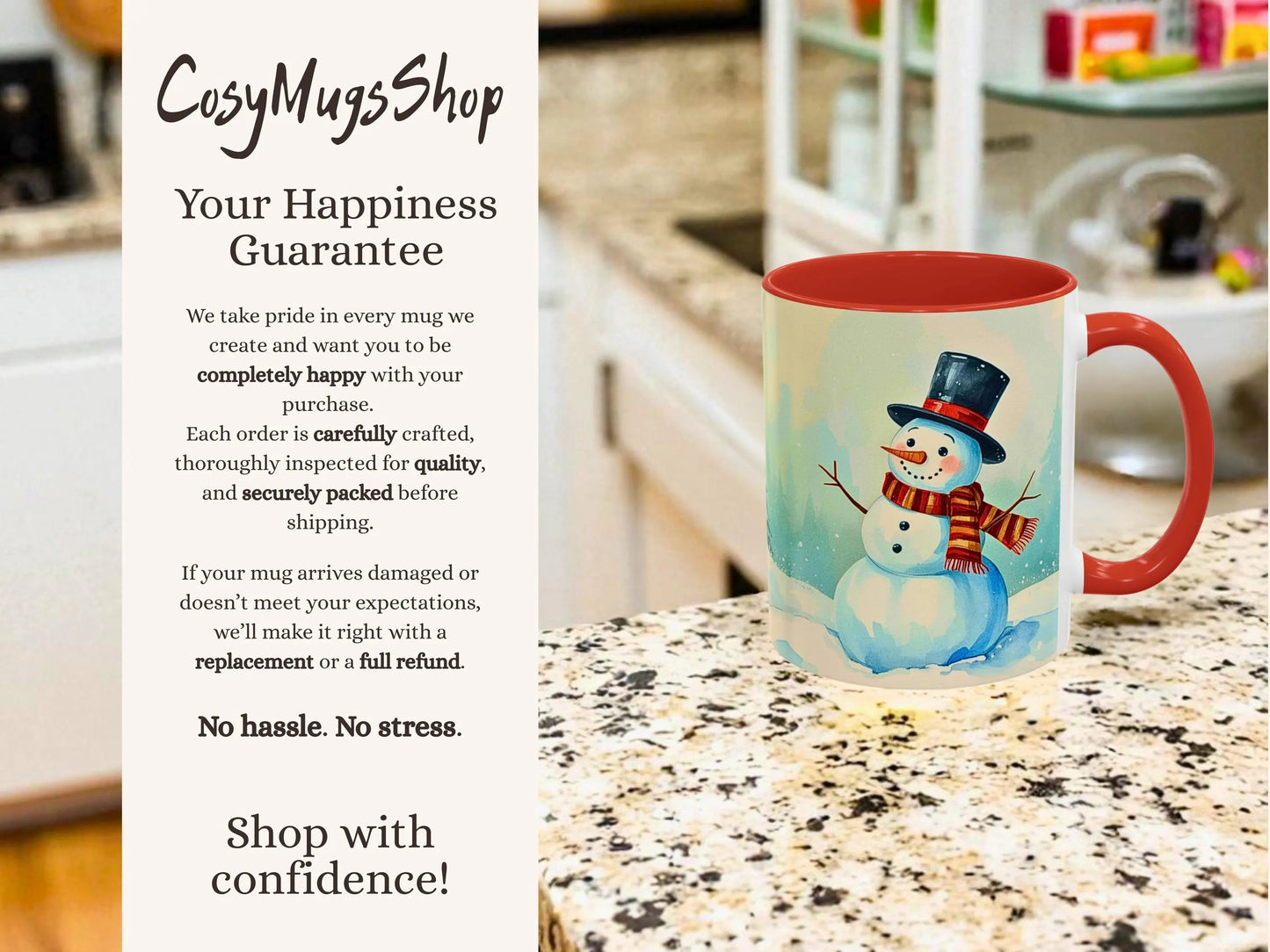 Snowman-themed mug with red handle on a kitchen counter, accompanied by 'CosyMugsShop' text.