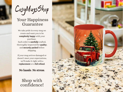 Red mug with Christmas tree and truck design on a countertop, next to 'CosyMugsShop' text.