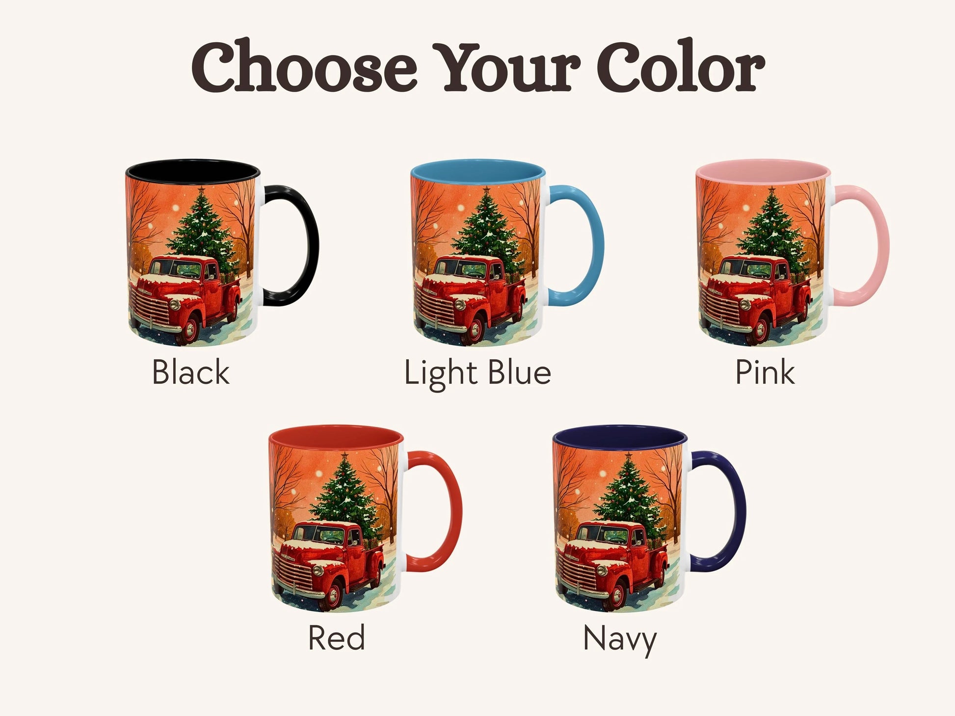 Set of mugs with a red truck and Christmas tree design, available in black, light blue, pink, red, and navy.