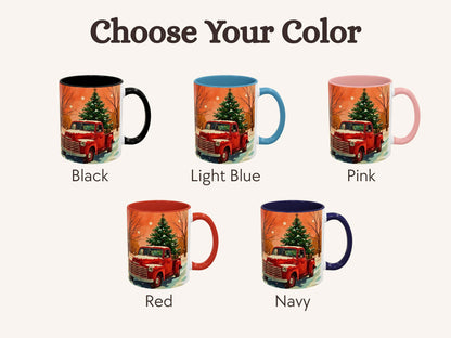 Set of mugs with a red truck and Christmas tree design, available in black, light blue, pink, red, and navy.