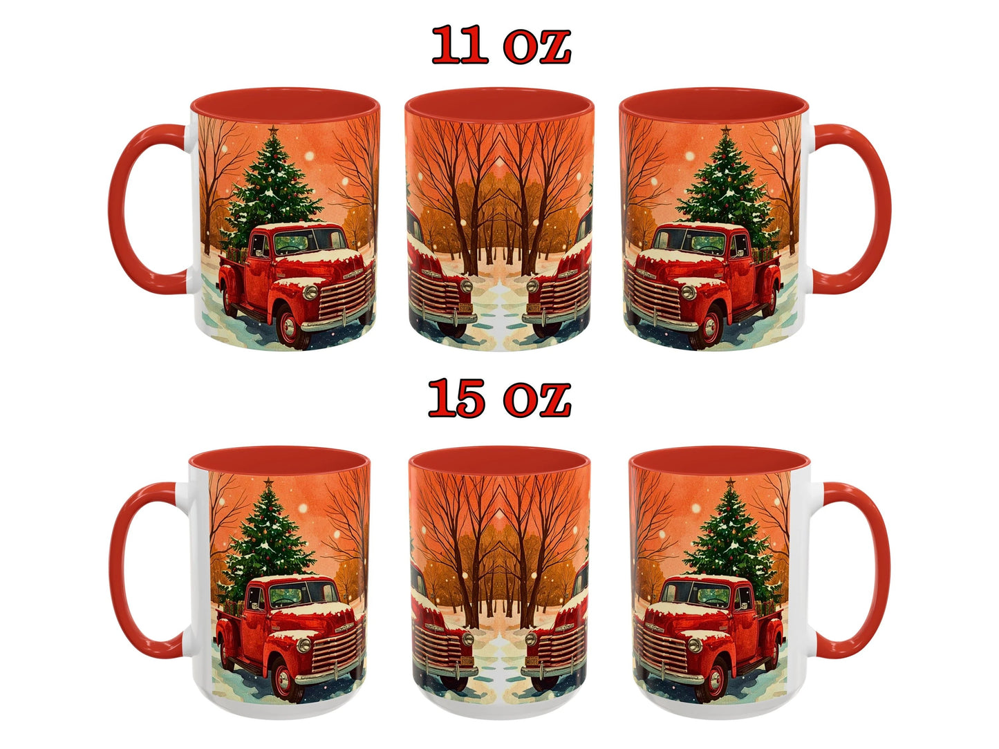 Set of Christmas-themed mugs with red trucks and trees, displayed in two sizes.