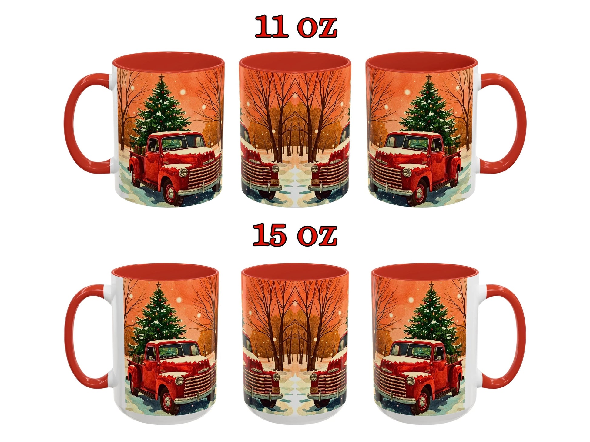 Set of Christmas-themed mugs with red trucks and trees, displayed in two sizes.