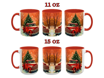 Set of Christmas-themed mugs with red trucks and trees, displayed in two sizes.