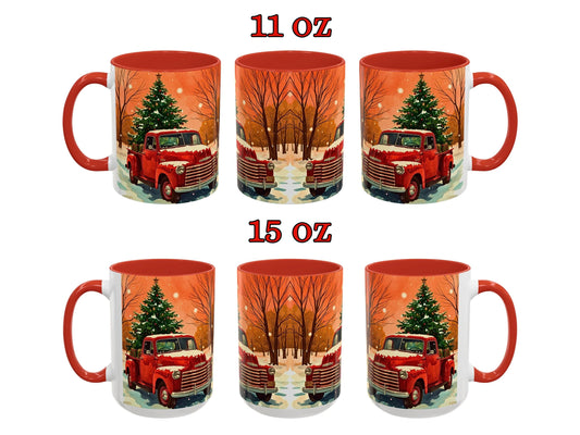 Set of Christmas-themed mugs with red trucks and trees, displayed in two sizes.