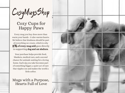 Dog behind a grid with promotional text for Cozy Mugs Shop