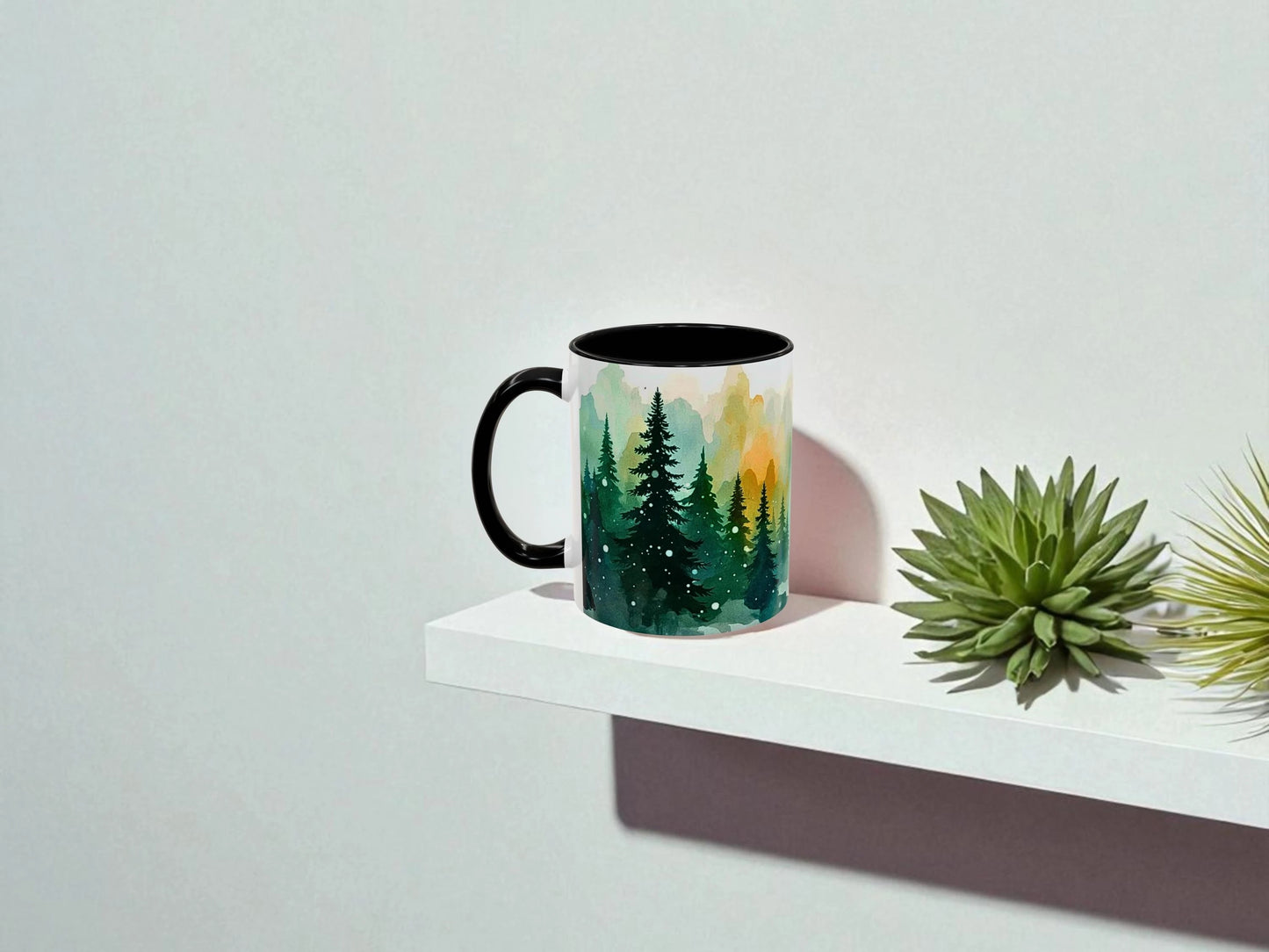 Mug with nature design on a white shelf with plants