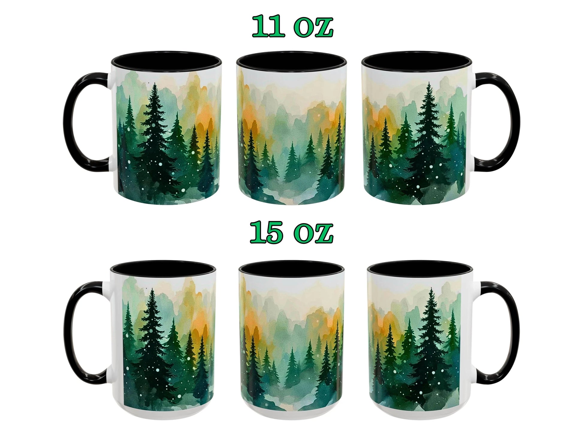Set of six mugs with forest design, two sizes labeled 11 oz and 15 oz.