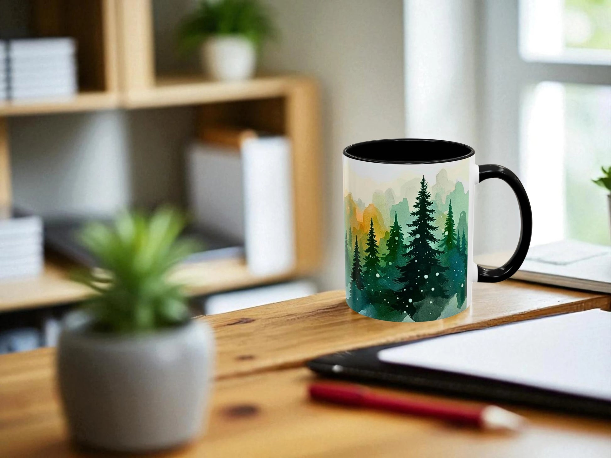 Mug with nature design on a desk with office items