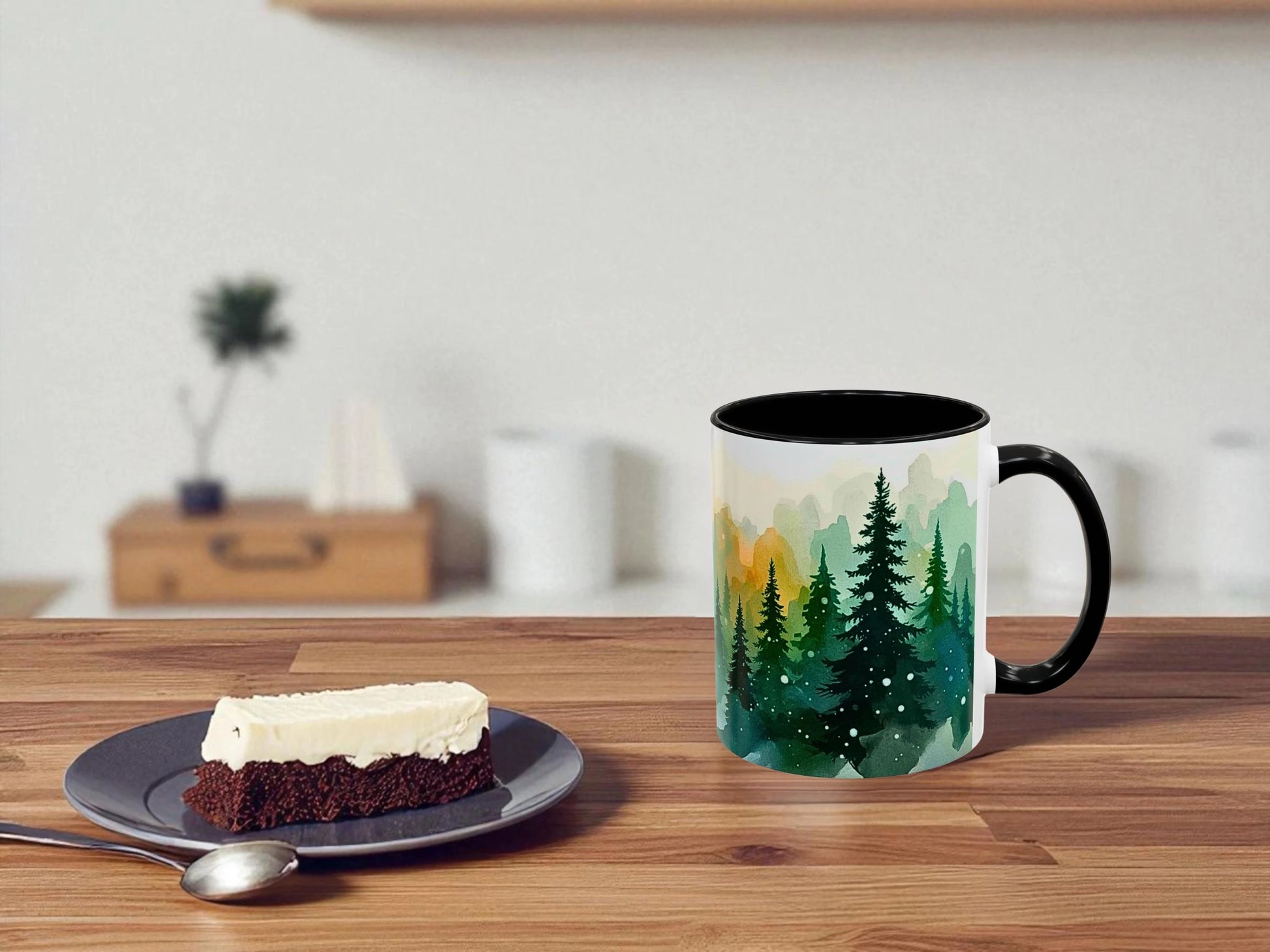 Mug with nature design on a wooden table with a dessert