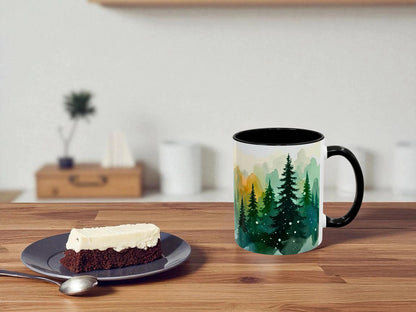 Mug with nature design on a wooden table with a dessert