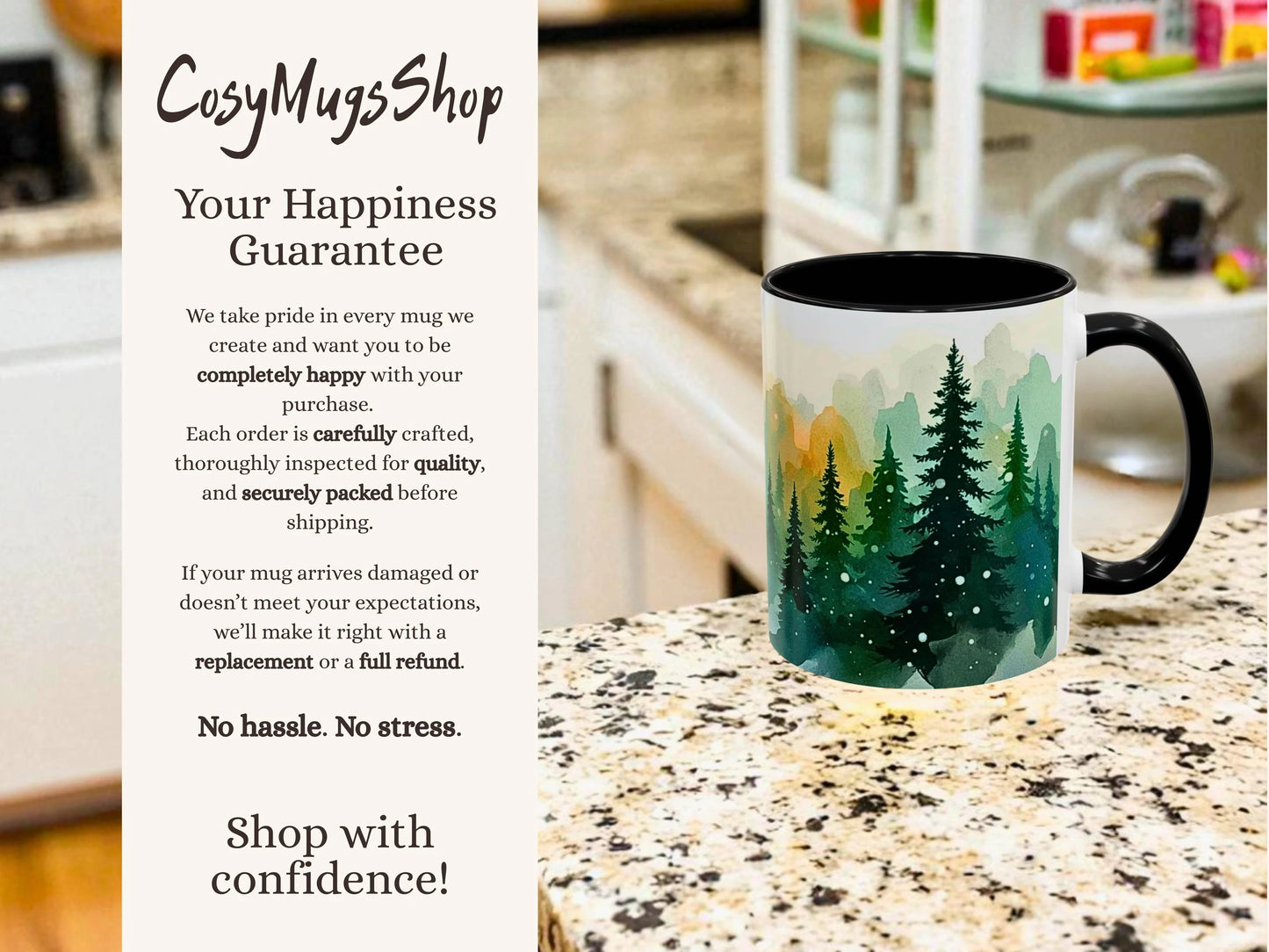 Mug with nature design on a kitchen counter, featuring 'Cosy Mugs Shop' text.