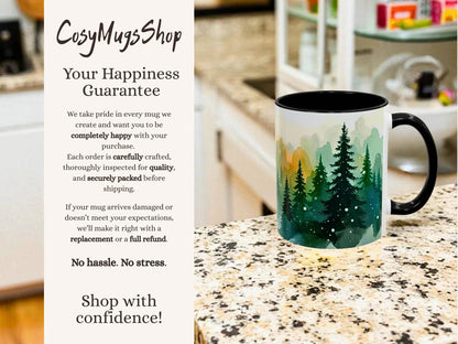 Mug with nature design on a kitchen counter, featuring 'Cosy Mugs Shop' text.