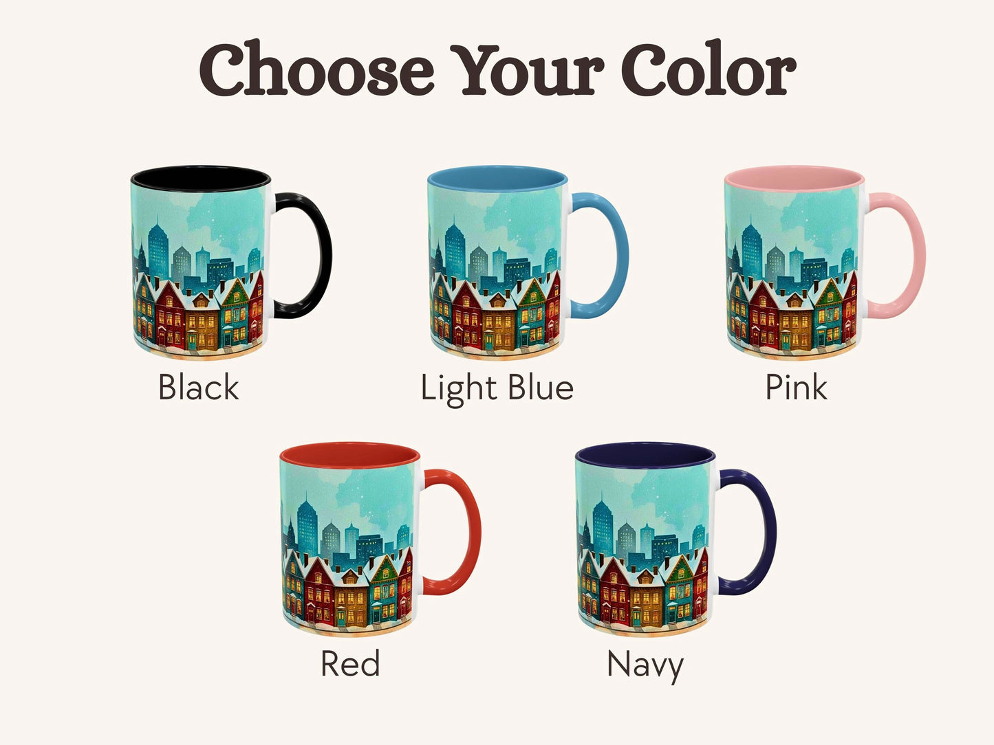 Color selection options for mugs with a cityscape design on a white background.