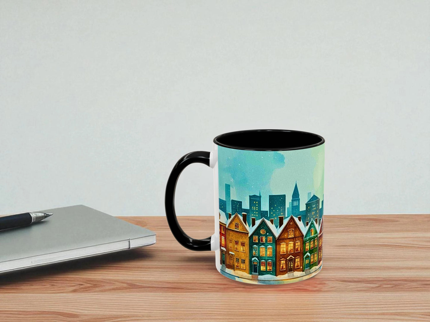 Mug with a cityscape design on a wooden table with a light gray background