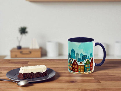 Mug with cityscape design on a wooden table with a piece of cake