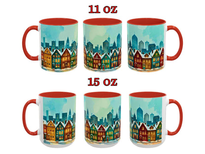 Set of six mugs with cityscape design and red interior, shown in two sizes.
