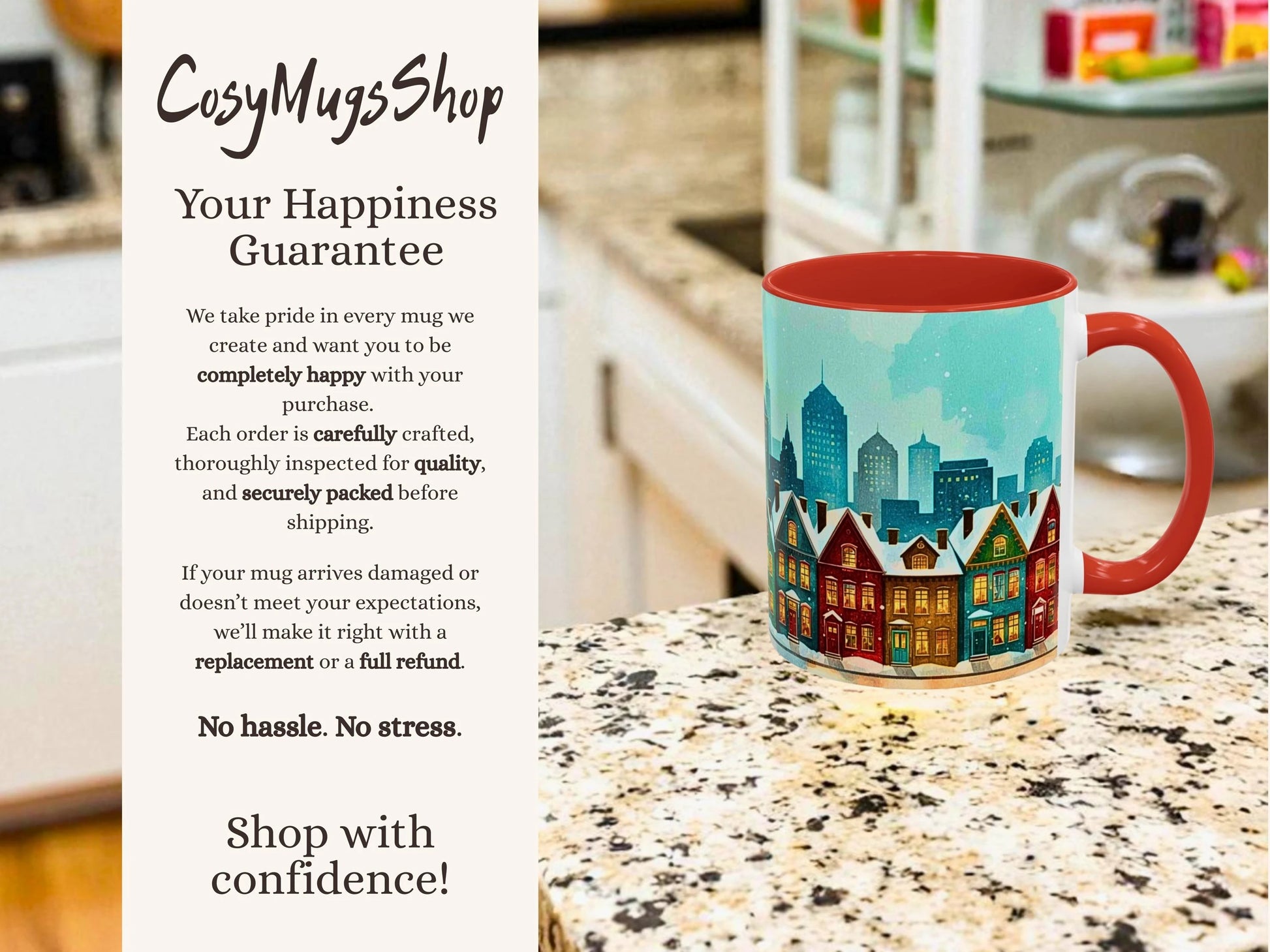 Mug with cityscape design on a countertop, featuring 'Cosy Mugs Shop' text.