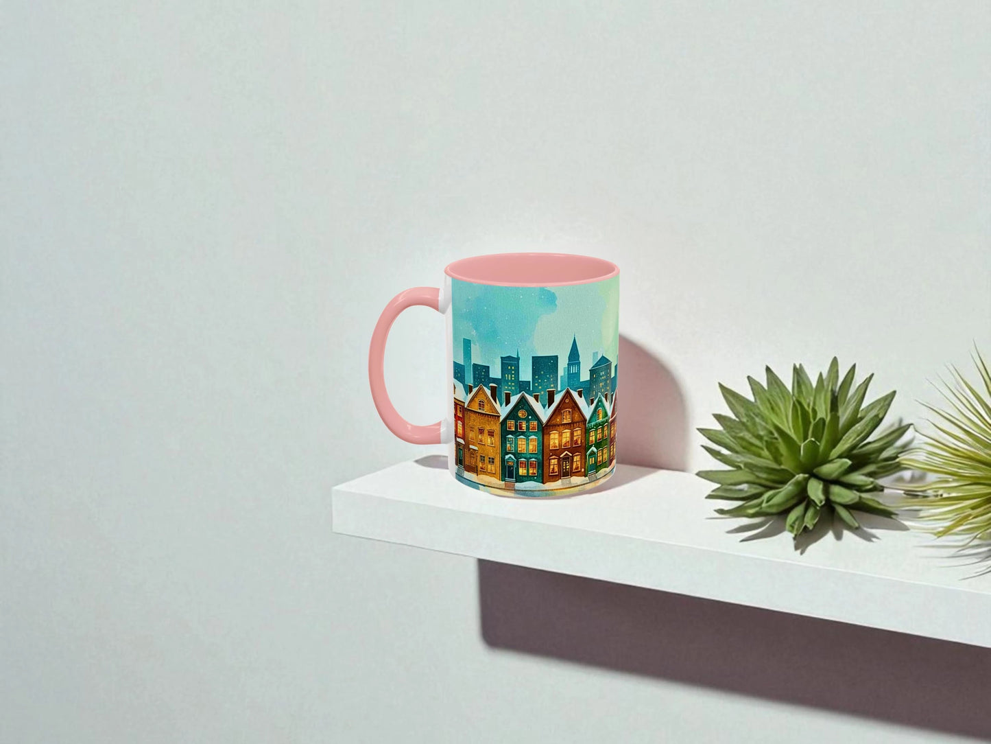 Mug with a cityscape design on a white shelf with a plant