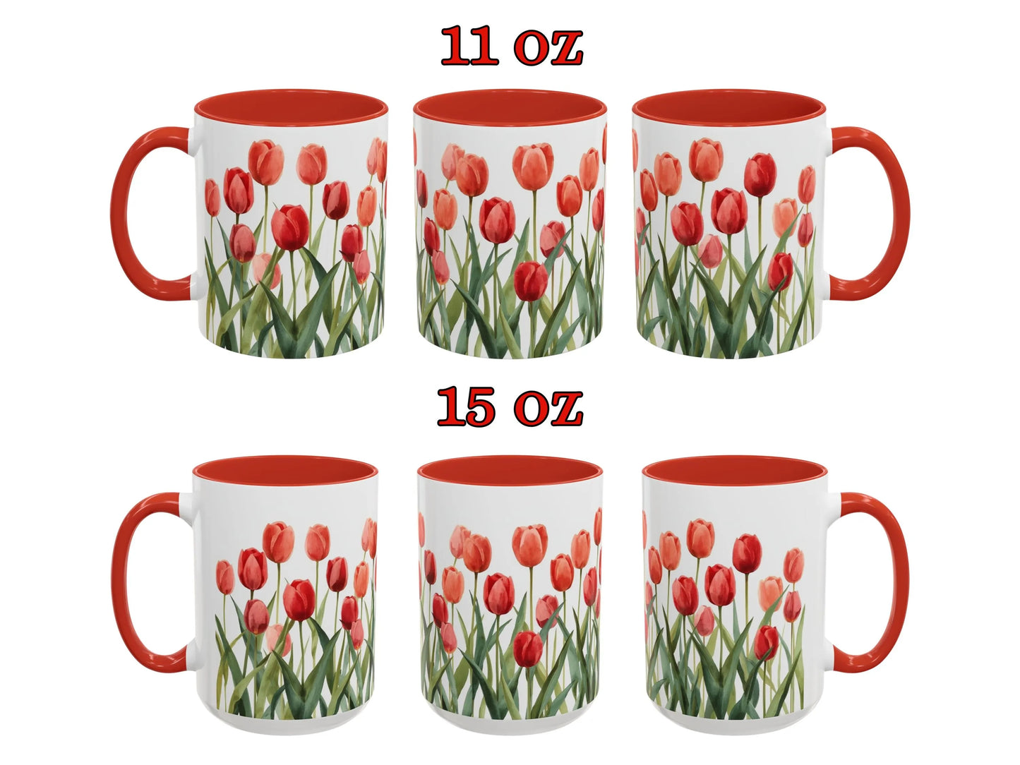 Set of six mugs with red tulip design on a white background, two sizes labeled.