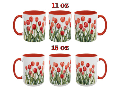 Set of six mugs with red tulip design on a white background, two sizes labeled.