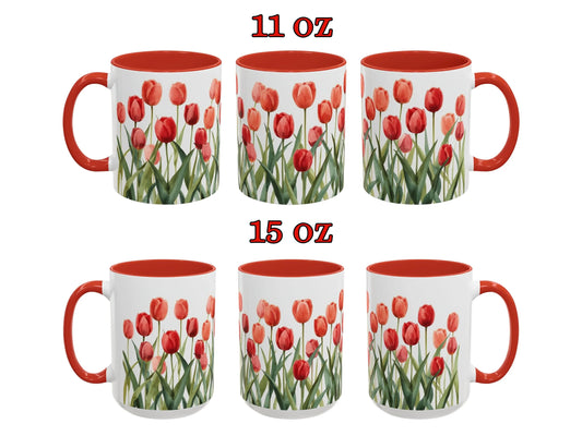 Set of six mugs with red tulip design on a white background, two sizes labeled.