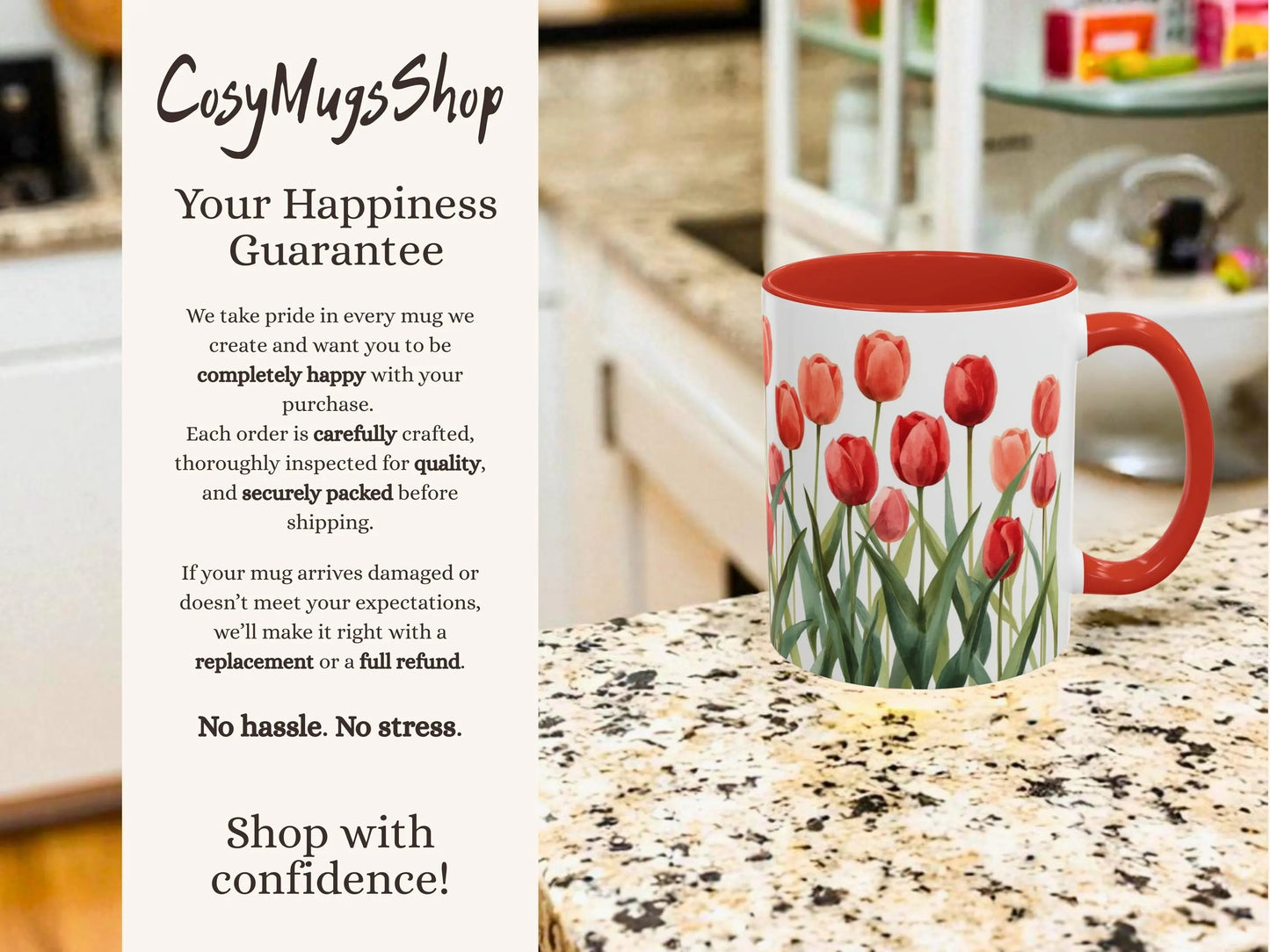 Mug with tulip design on a kitchen counter, featuring 'CosyMugsShop' text.