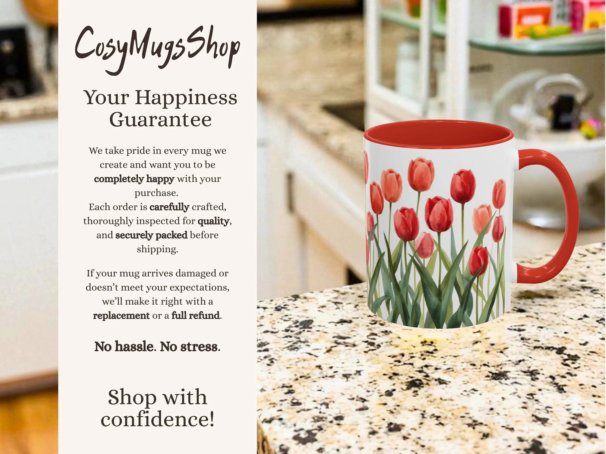 Mug with tulip design on a kitchen counter, featuring 'CosyMugsShop' text.