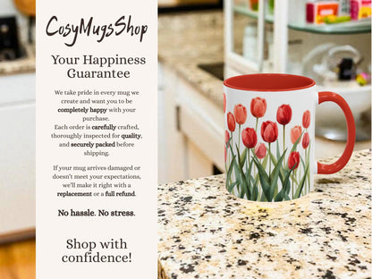 Mug with tulip design on a kitchen counter, featuring 'CosyMugsShop' text.