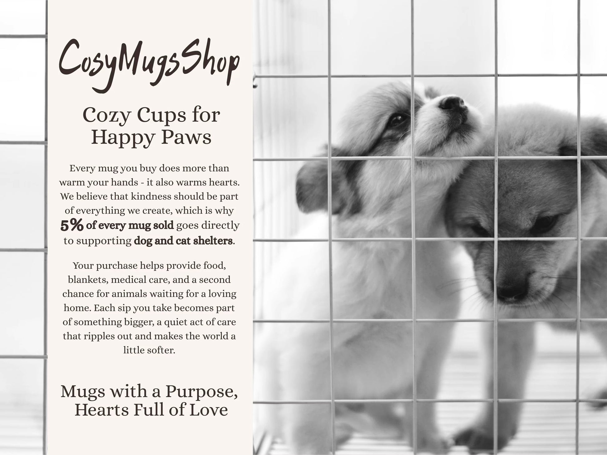 Dog behind a grid with promotional text for Cozy Mugs Shop