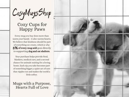 Dog behind a grid with promotional text for Cozy Mugs Shop
