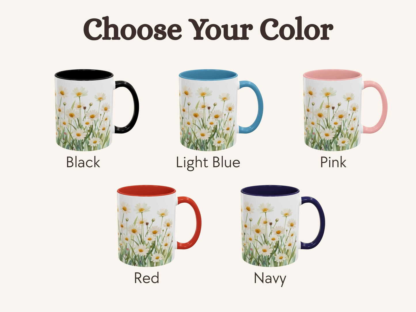 Set of five mugs with floral design in different colors on a white background.