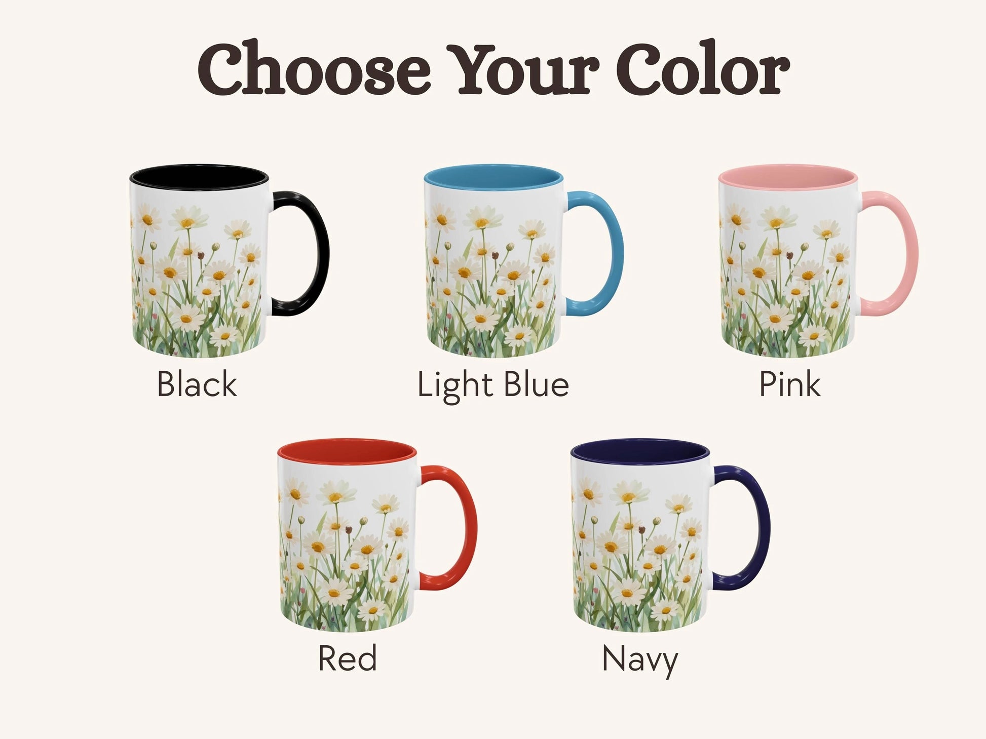 Set of five mugs with floral design in different colors on a white background.