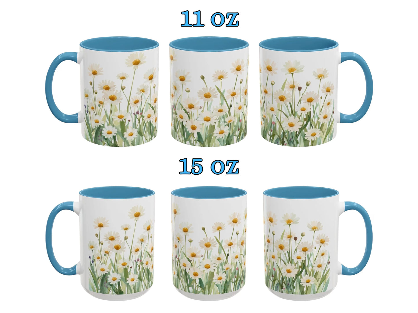 Set of six mugs with floral design and blue handles on a white background