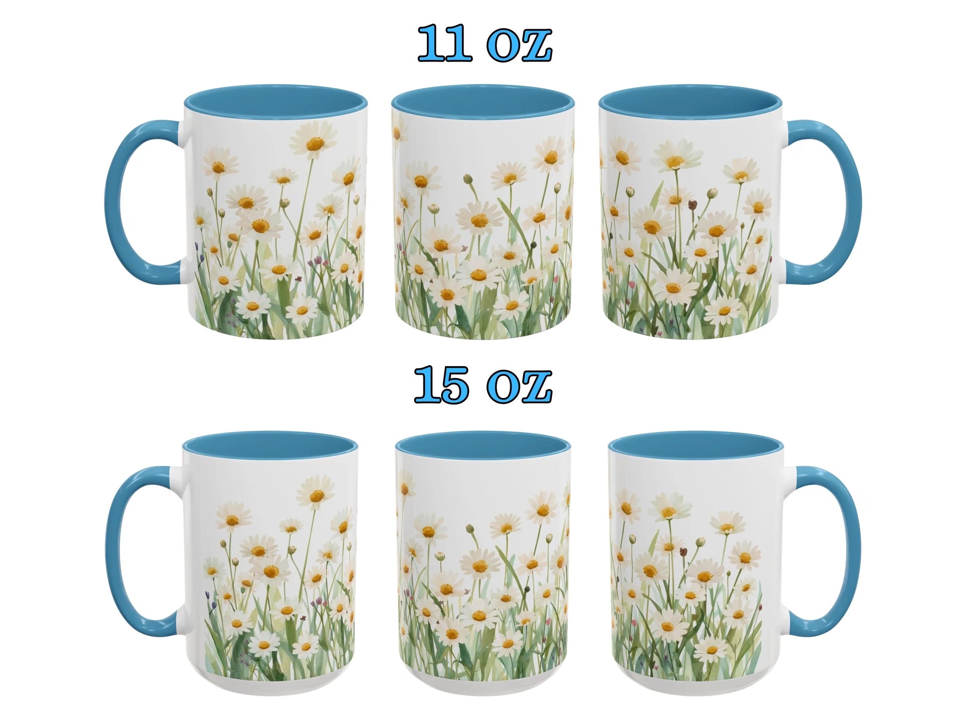 Set of six mugs with floral design and blue handles on a white background