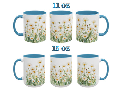 Set of six mugs with floral design and blue handles on a white background