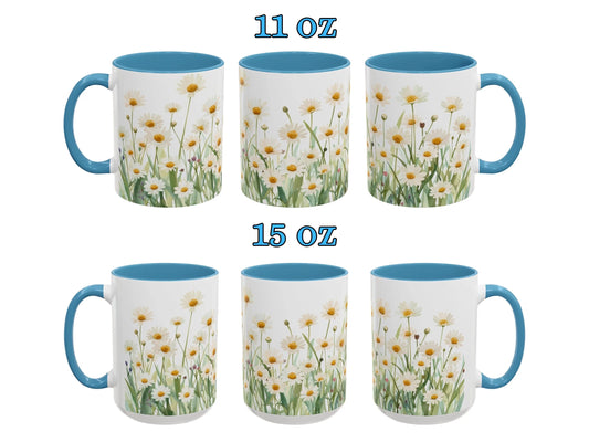 Set of six mugs with floral design and blue handles on a white background