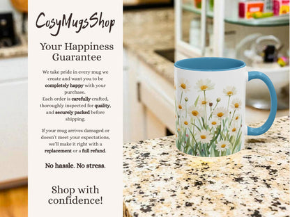 Mug with floral design on a kitchen counter, featuring 'CosyMugsShop' text.