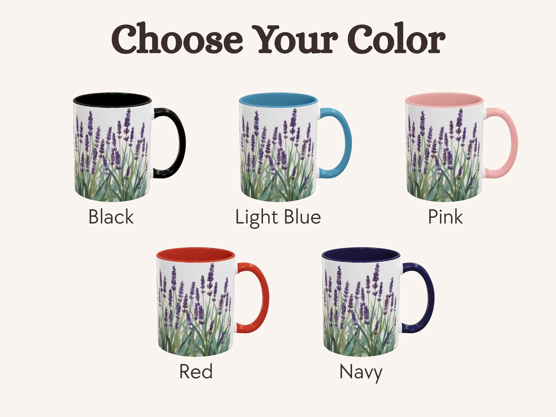 Set of five mugs with lavender design in various colors on a white background.