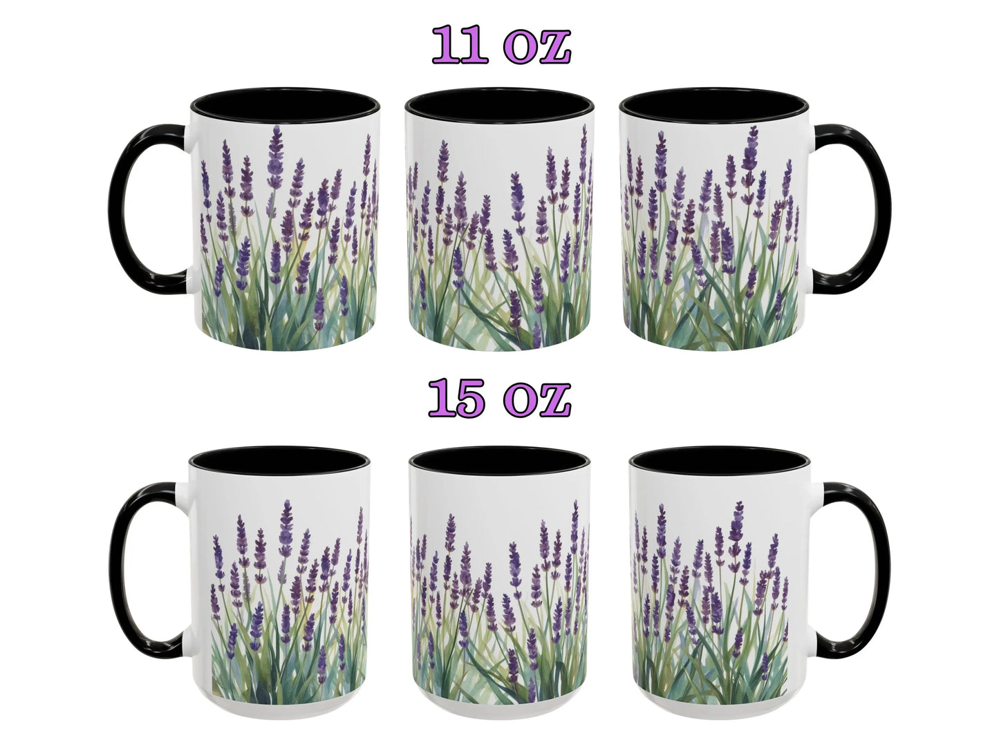 Set of six mugs with lavender design on a white background, labeled 11 oz and 15 oz.