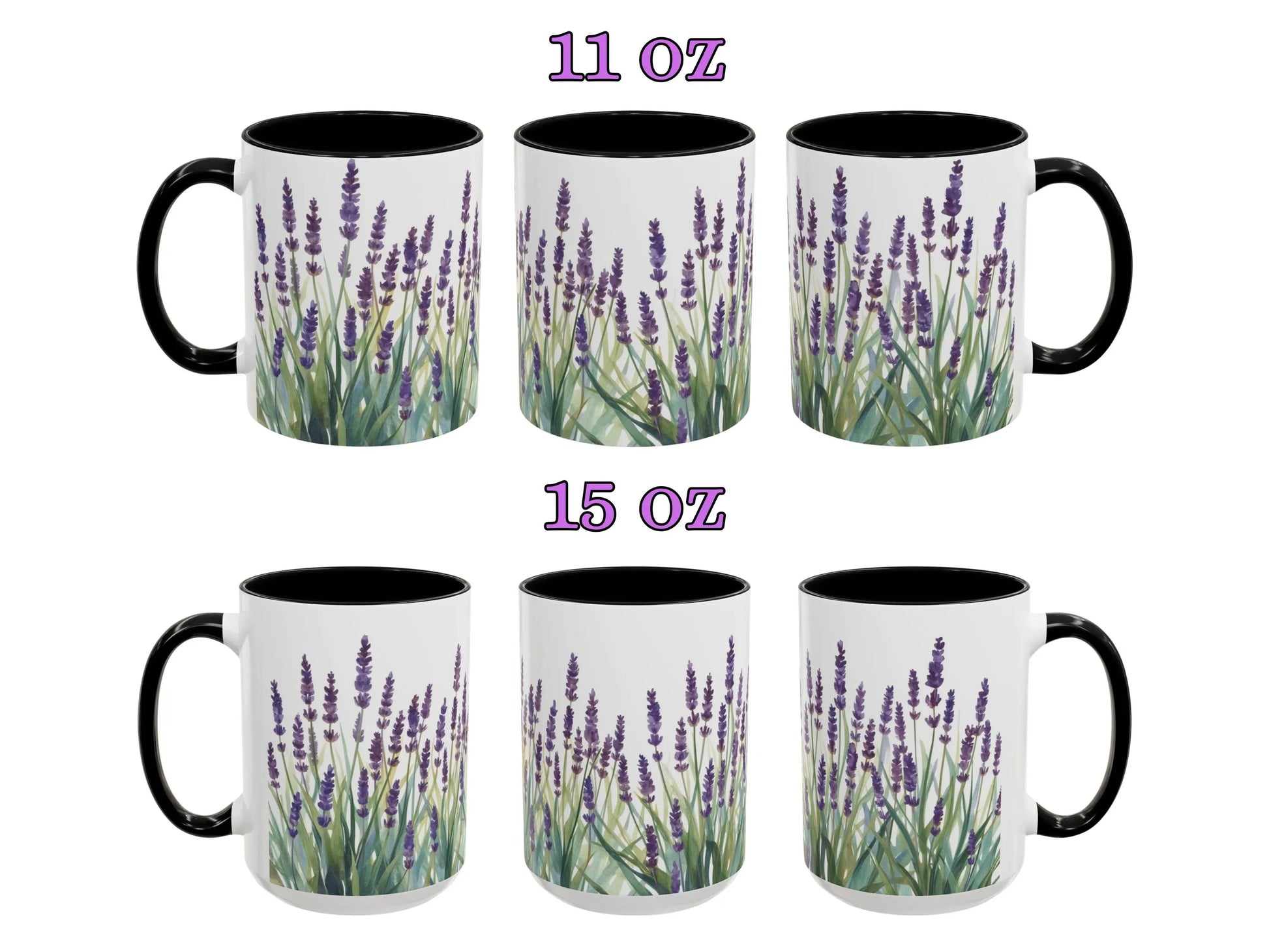 Set of six mugs with lavender design on a white background, labeled 11 oz and 15 oz.