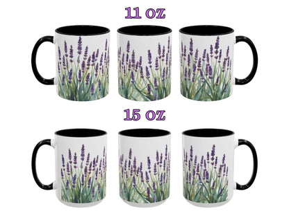 Set of six mugs with lavender design on a white background, labeled 11 oz and 15 oz.
