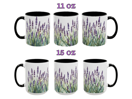 Set of six mugs with lavender design on a white background, labeled 11 oz and 15 oz.