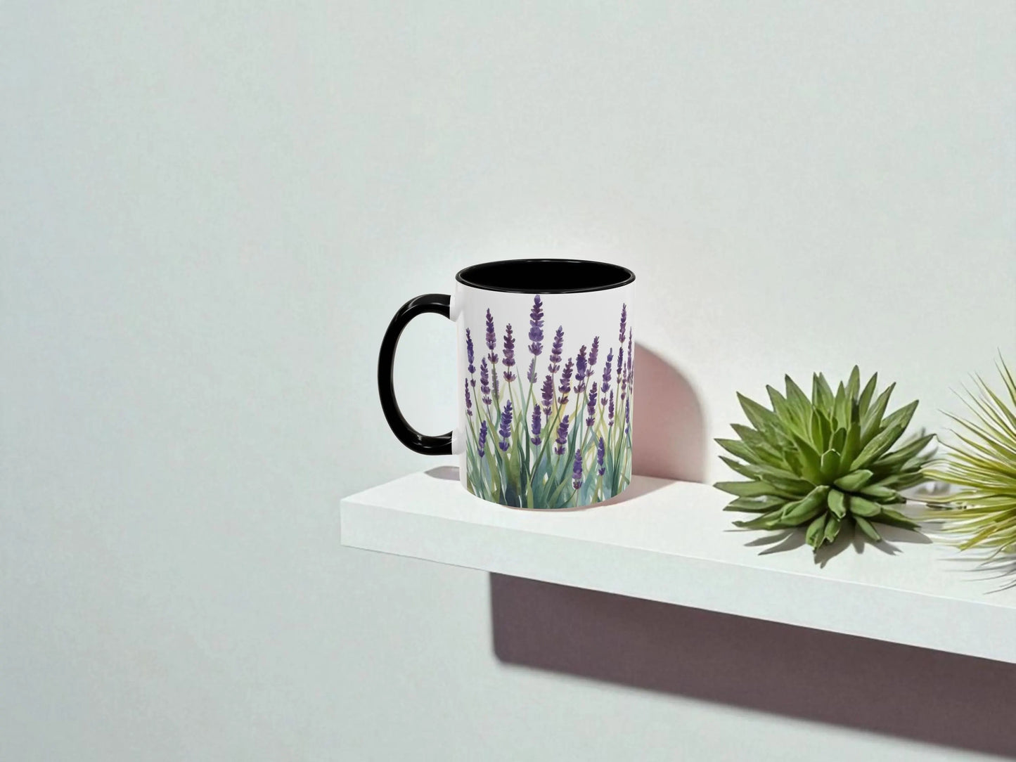 Mug with lavender design on a white shelf against a light gray background