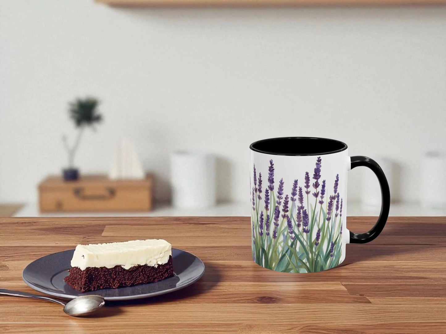 Mug with lavender design on a wooden table with a dessert