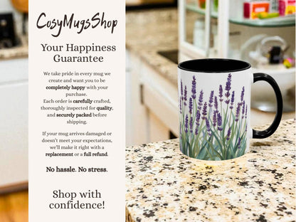 Mug with lavender design on a kitchen counter, featuring 'Cosy Mugs Shop' text.