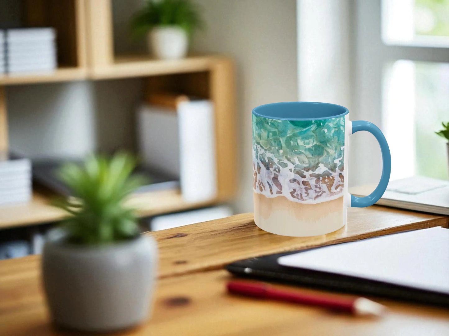 Mug with a unique design on a wooden desk with a blurred background